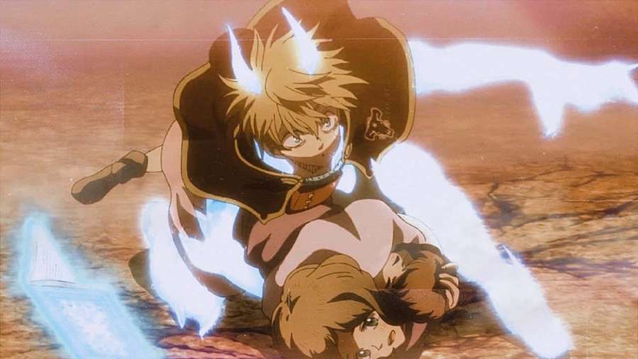 Two anime fighters engaged in a magical battle on cracked earth with glowing energy. — Luck Voltia Background