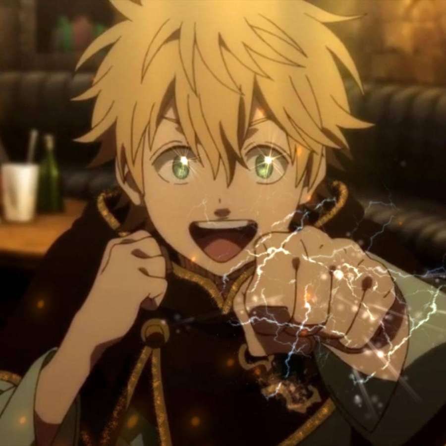 Anime boy with blonde hair and green eyes generating electric sparks from his fist in a bar. — Luck Voltia Picture