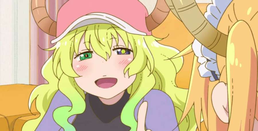 Anime girl with green hair and horns smiling in a room. — Lucoa Picture