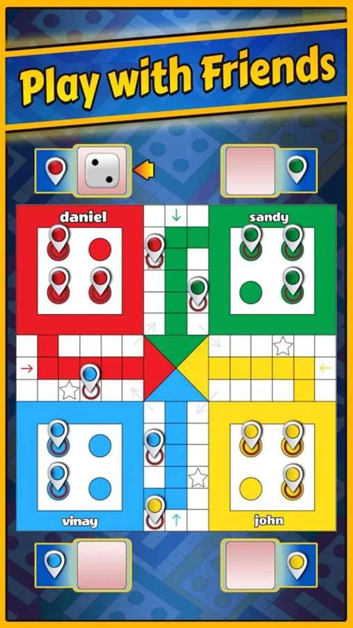 Quattro giocatori giocano a Ludo su un tabellone digitale con pedine colorate e dadi. — Ludo Re Sfondi