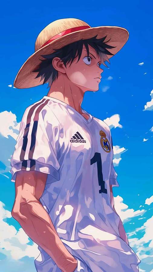 Anime-Junge mit Strohhut und Fußballtrikot unter blauem Himmel mit Wolken — Luffy Drip Wallpaper