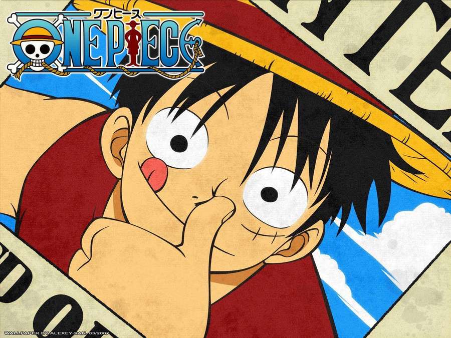 Karakter anime Luffy dari One Piece tersenyum dengan tangan di pipi. — Luffy Wallpaper