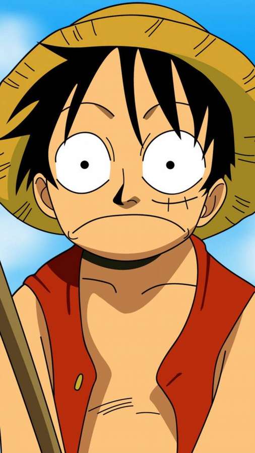 Anime-hahmo olkihatussa ja punaisessa liivissä näyttää päättäväiseltä sinistä taivasta vasten — Luffy Funny Taustakuvat