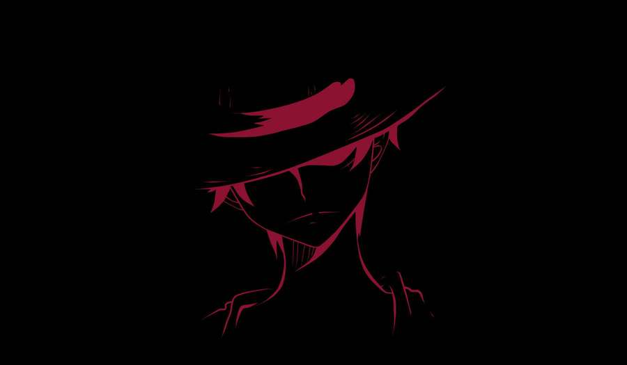 Punainen ääriviivattu anime-hahmo hatussa synkällä ilmeellä mustalla taustalla. — Luffy Musta Taustakuvat