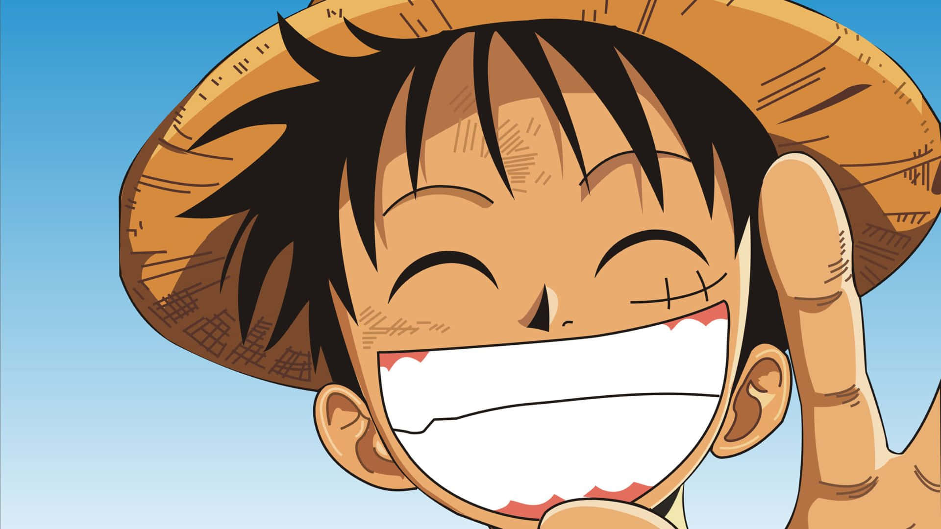 Anime boy in straw hat laughing with hand on head under blue sky — Luffy Smile Wallpaper