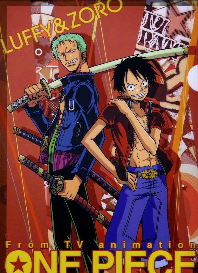Two anime characters Luffy and Zoro pose with swords in a bold red background. — Luffy Zoro Wallpaper
