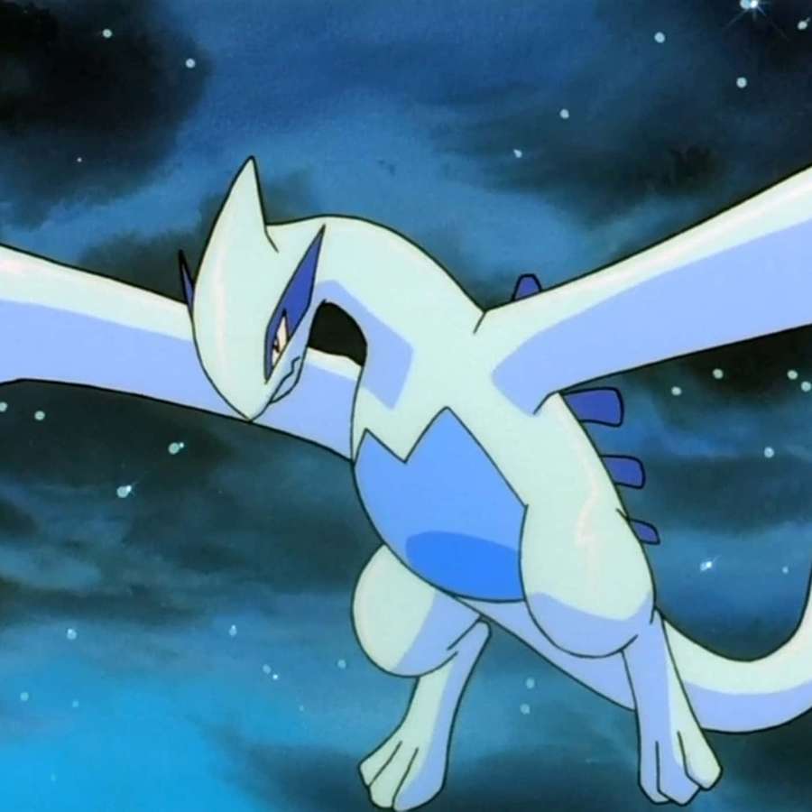 Ein blaues und weißes Drachen-Pokémon fliegt durch einen sternenübersäten Nachthimmel. — Lugia Bilder