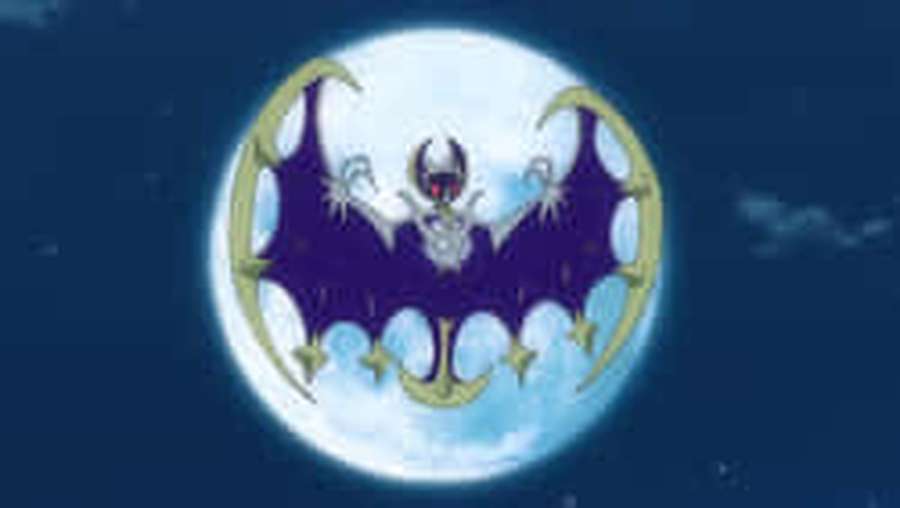 Um morcego roxo com asas douradas voando contra uma lua cheia brilhante em um céu escuro. — Lunala Papéis de Parede