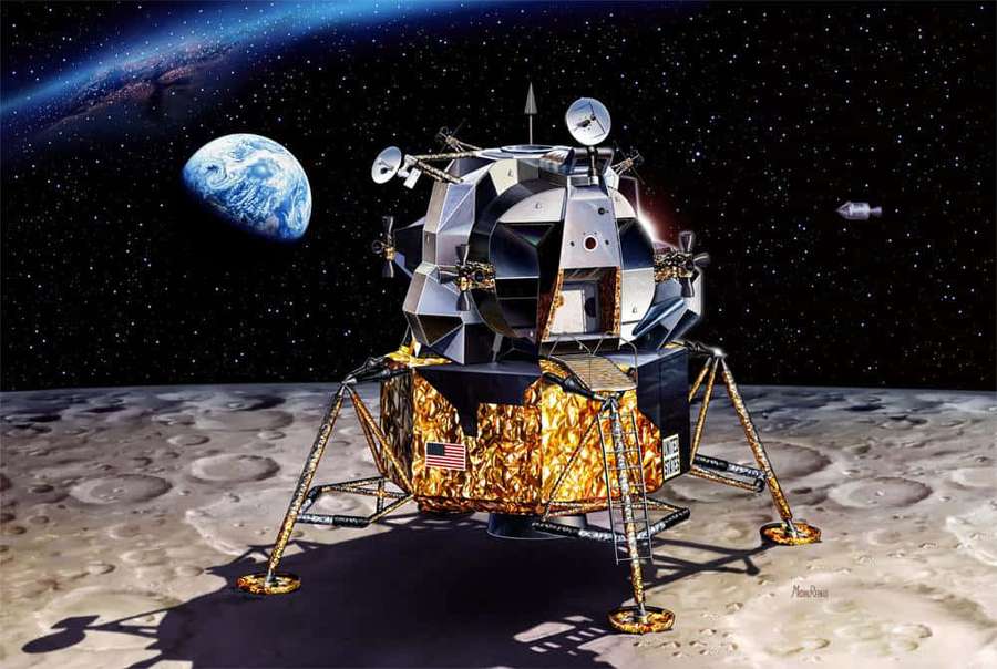 Mondlander auf Mondoberfläche mit sichtbarer Erde im Weltraumhintergrund — Lunar Module Wallpaper