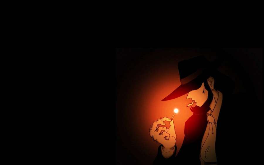 Man in fedora lighting cigarette in dark with orange glow. — Lupin Background