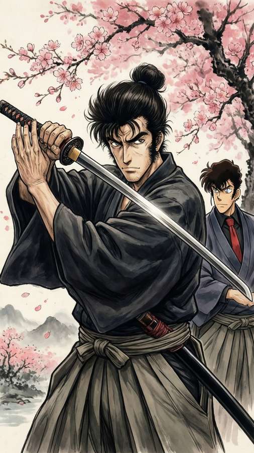 Goemon with sword amid cherry blossoms, Lupin in background. — Lupin the third Background