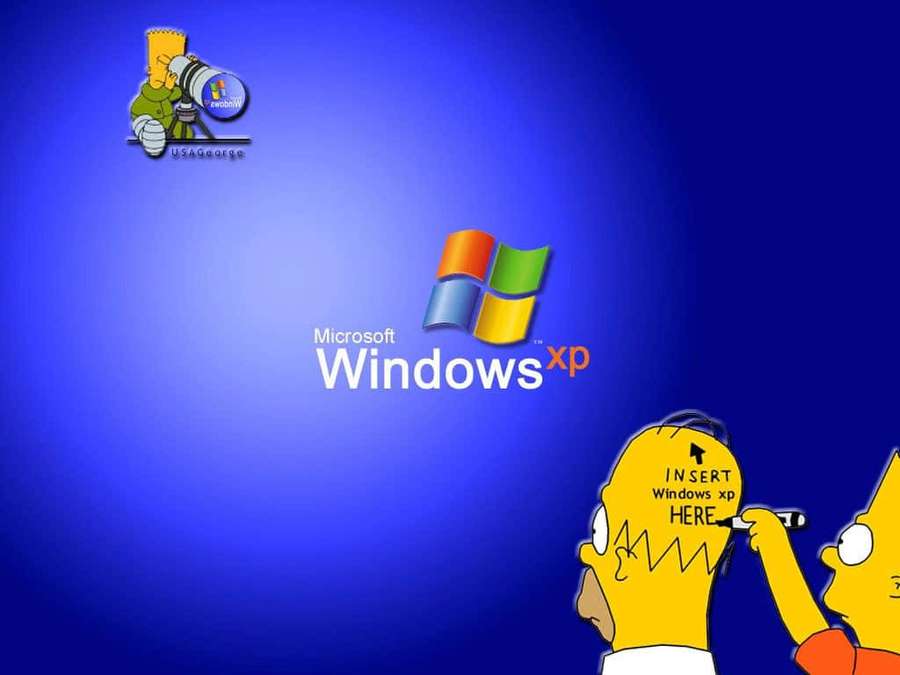 Simpsons-Charaktere necken spielerisch das Windows XP-Logo auf blauem Hintergrund. — Lustige Simpsons Wallpaper