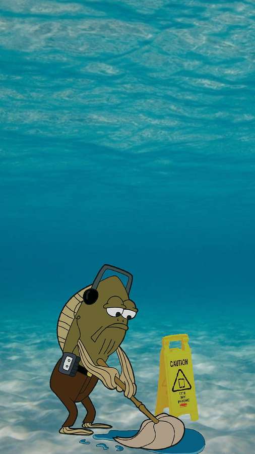 Cartoon-Fisch wischt Wasser auf, mit einem gelben Warnschild in der Nähe. — Lustiger Spongebob Wallpaper