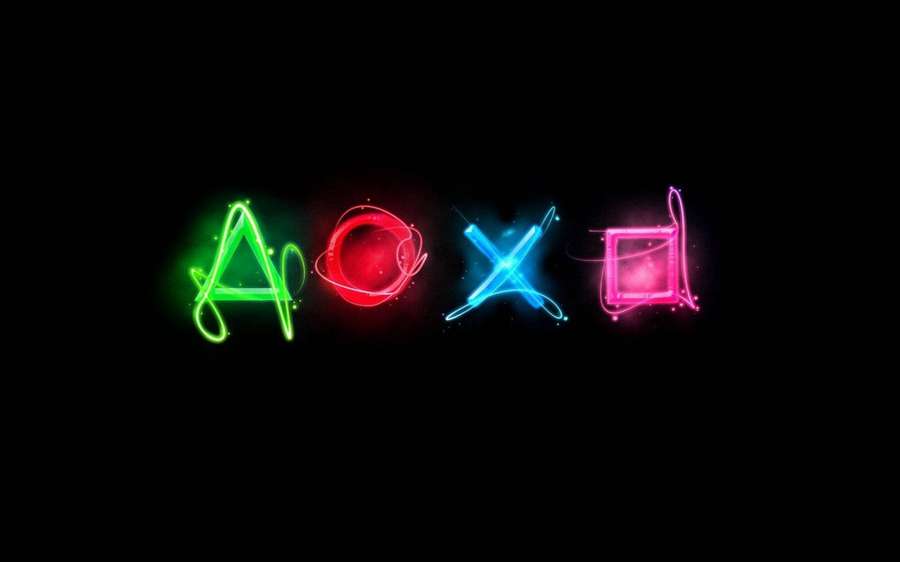 Símbolos de PlayStation en neón brillando intensamente contra un fondo negro. — Luz de neón Fondos de pantalla