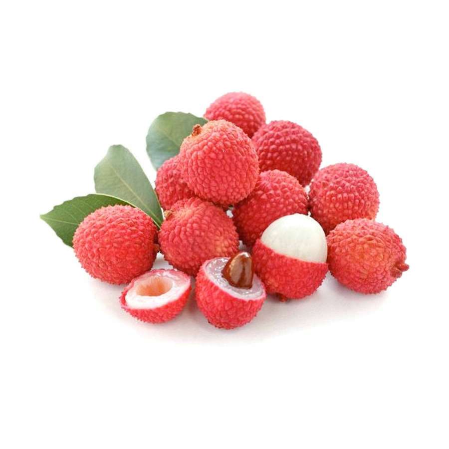 Fresh red lychees with green leaves and one peeled showing white flesh and seed. — Lychee Wallpaper