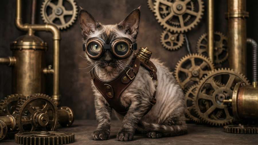 Lykoi cat with steampunk goggles and gear background — Lykoi Picture
