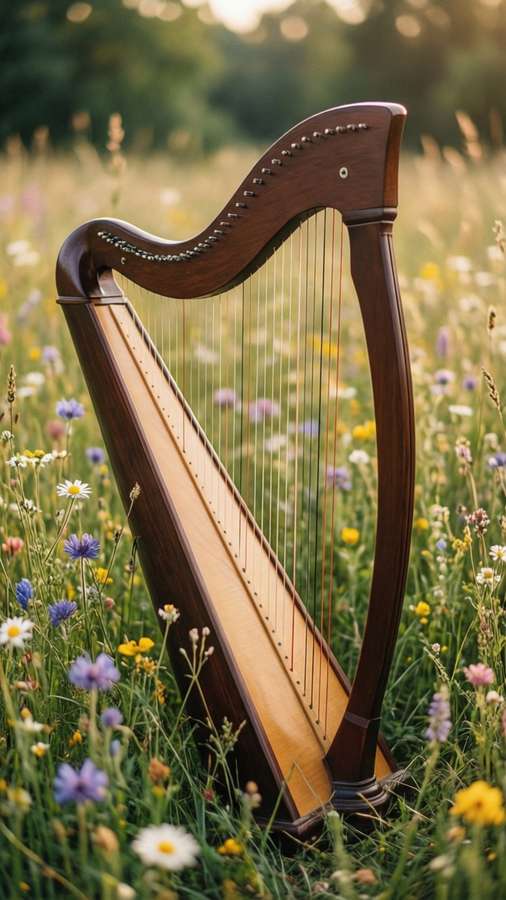 A lyre surrounded by wildflowers in a vintage, romantic pastoral scene. — Lyre Wallpaper
