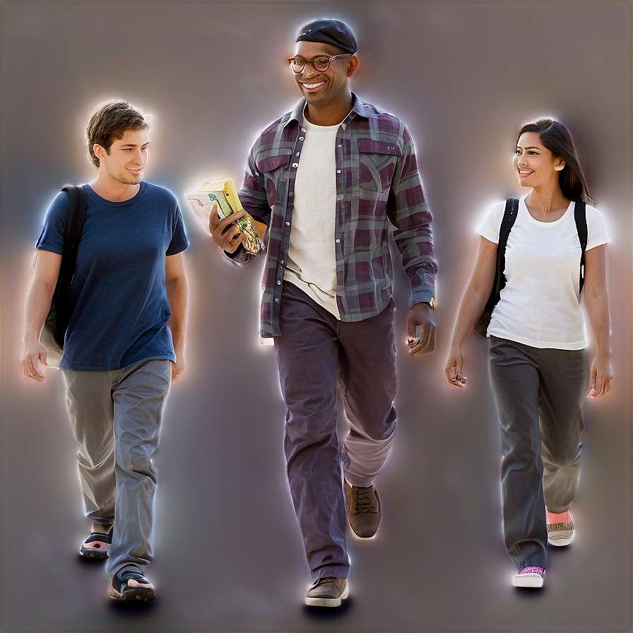 Three smiling students walking together with glowing outlines holding books and backpacks. — M PNG