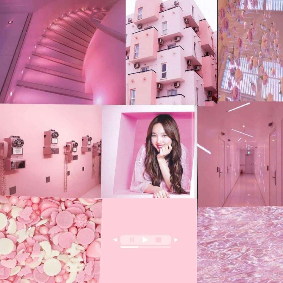 Rosa Collage mit Frau, Gebäude, Süßigkeiten und Treppe. — Macaron Bilder