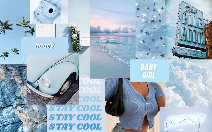 Blue-themed collage with vintage car palm trees ocean sky and neon signs. — Macbook Pro Aesthetic Wallpaper