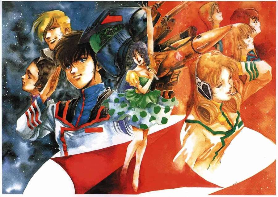 Anime-Charaktere in Weltraumausrüstung, die heldenhaft vor einem sternenklaren kosmischen Hintergrund posieren. — Macross Bilder