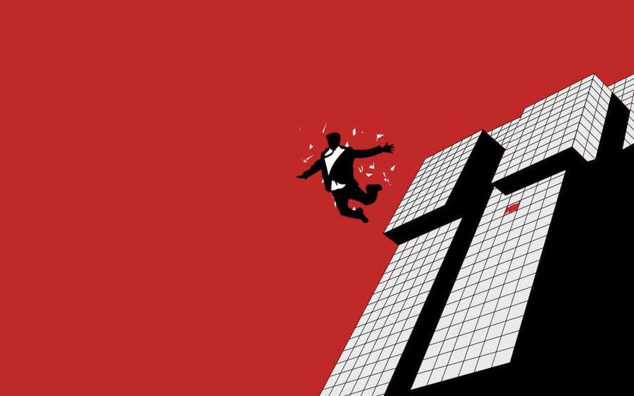 A falling businessman shatters into pieces against a red background with a white grid building. — Mad men Wallpaper