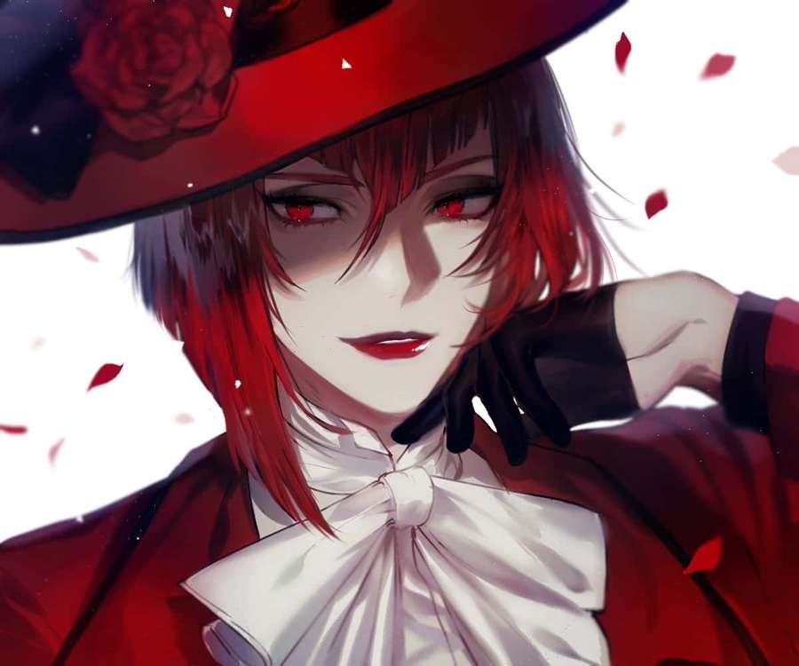 Anime character with red hair and eyes in red coat and hat with falling petals. — Madam Red Wallpaper