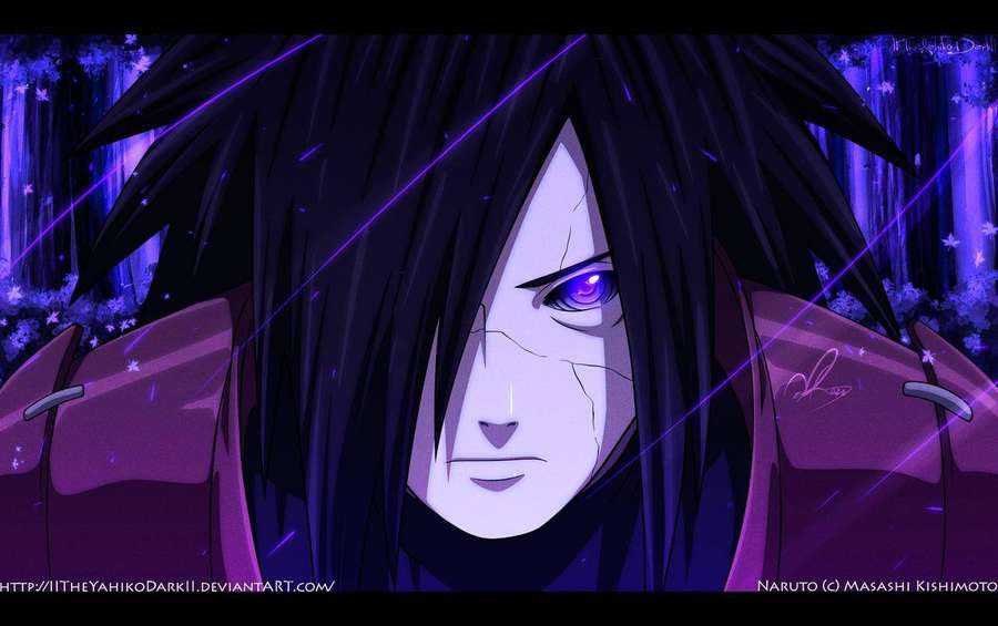Personaje anime con ojos morados y cabello oscuro en una escena púrpura brillante. — Madara Fondos de pantalla