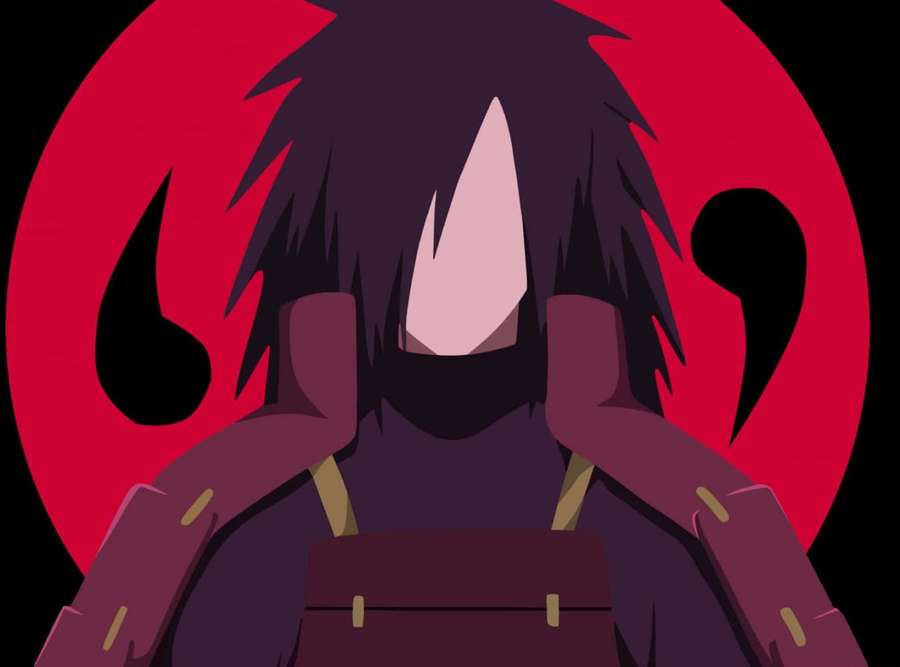 Anime ninja with red eye symbol and dark hair against a red circle. — Madara Aesthetic Wallpaper