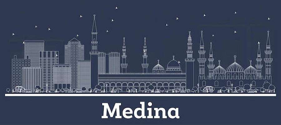 Medina skyline featuring mosques and modern buildings in white line art on blue background. — Madina Background