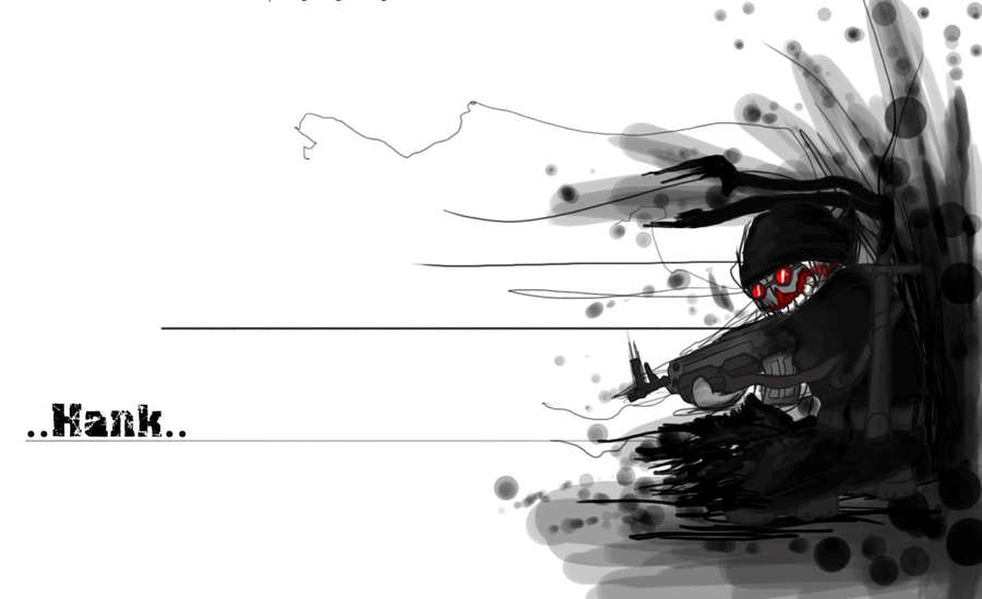 Anime character with red eyes and black hood holding a rifle in a dark ink-splatter style. — Madness Combat Background