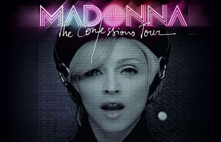 Madonna in einem glitchigen digitalen Porträt mit neonpinkem Tourtext und einer Discokugel. — Madonna Bilder