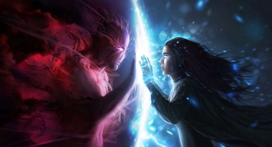 A woman in dark robes confronts a red spirit across a glowing blue energy barrier. — Magic Background
