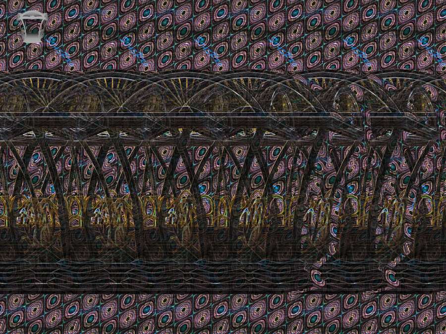 Digital fractal artwork featuring repeating peacock feather patterns in purple blue and gold. — Magic Eye Picture