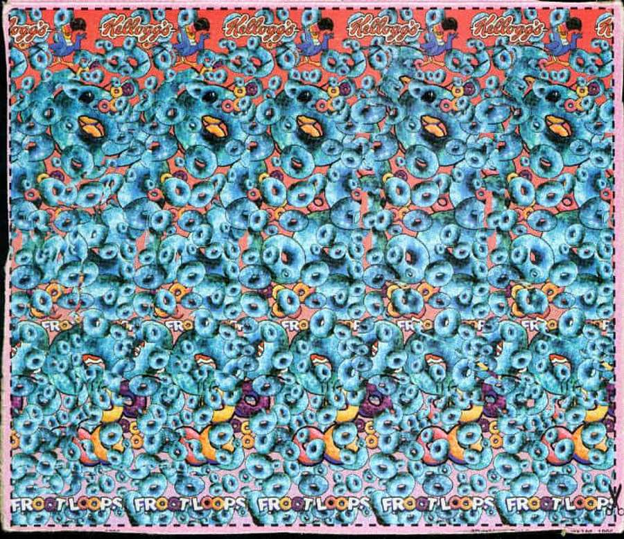 Blue cereal characters in a repeating retro pattern with pink and orange accents. — Magic Eye Wallpaper
