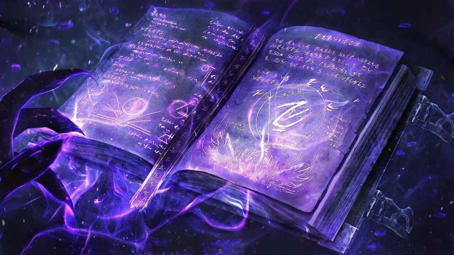 A glowing mystical book with glowing symbols floating in a cosmic purple void. — Magic Picture