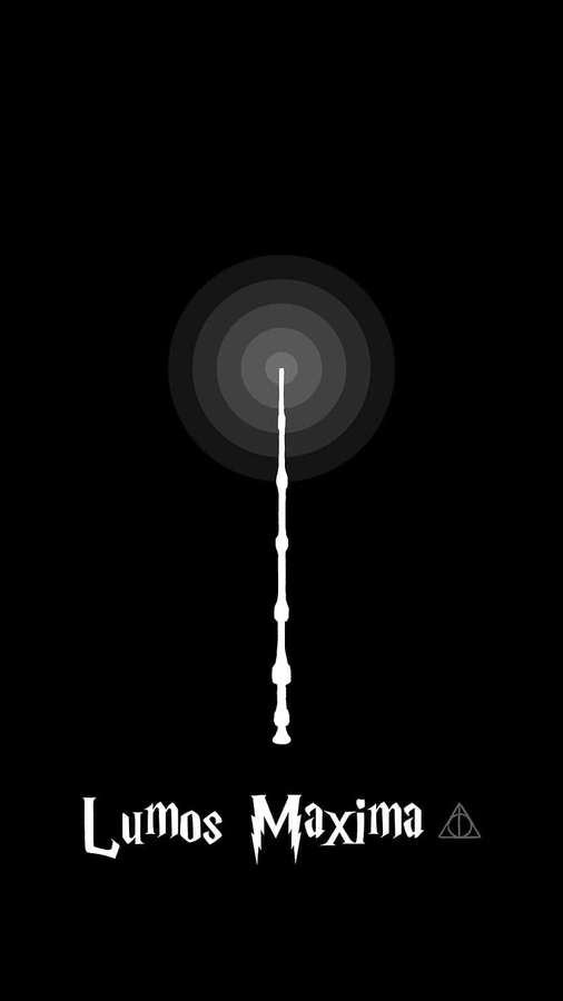White wand casting light rings with Lumos Maxima text and Deathly Hallows symbol on black background. — Magic Spells Wallpaper