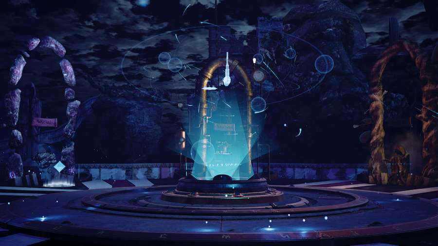Um dispositivo sci-fi brilhante em uma ruína antiga escura à noite. — Magical Realms Papéis de Parede