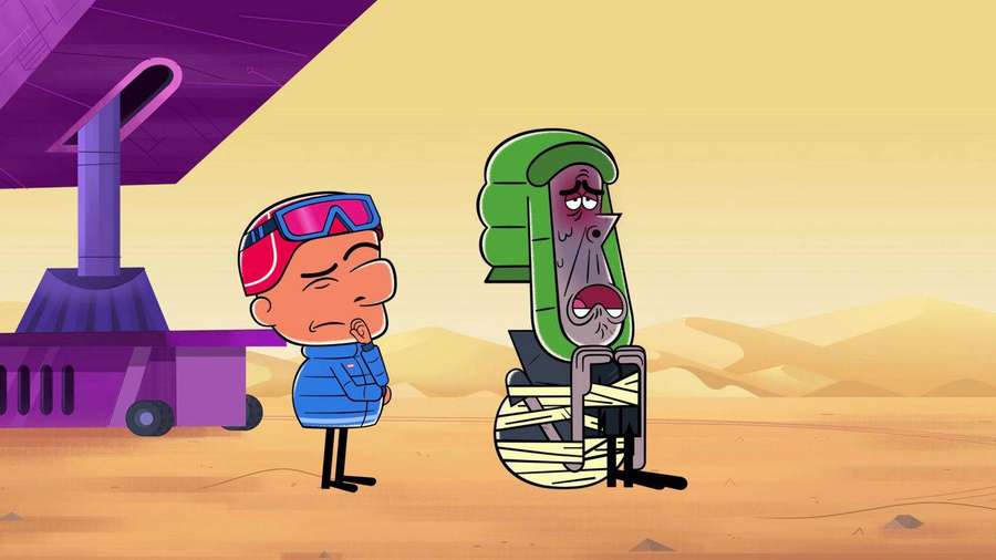 Menino de desenho animado com óculos ao lado de um alienígena múmia em um deserto ao pôr do sol. — Magoo Papéis de Parede