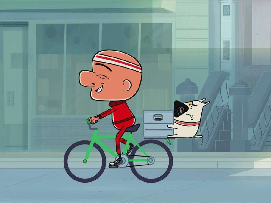 Cartoon-Zusteller auf grünem Fahrrad mit Katze in Kiste auf dem Gepäckträger durch die Stadt. — Magoo Bilder