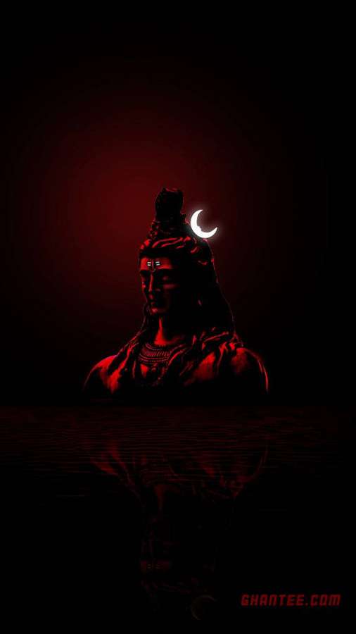 Silhouette von Shiva mit Mondsichelkrone, die sich im Wasser unter rotem Schein spiegelt. — Mahadev HD Bilder