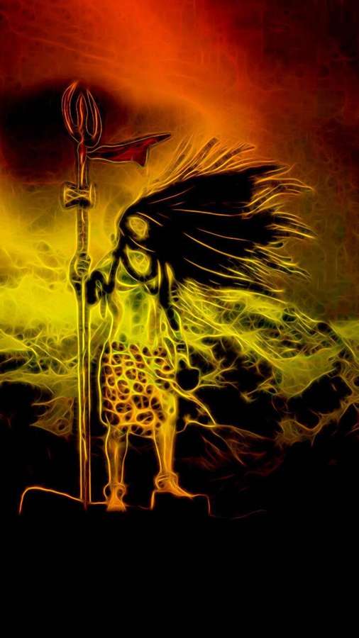 Glødende kriger med spyd og flydende hår mod en brændende baggrund — Mahakal HD Wallpapers