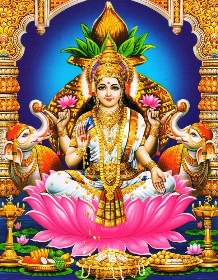 Goddess Lakshmi seated on a pink lotus with elephants flanking her in a golden temple. — Mahalakshmi Wallpaper
