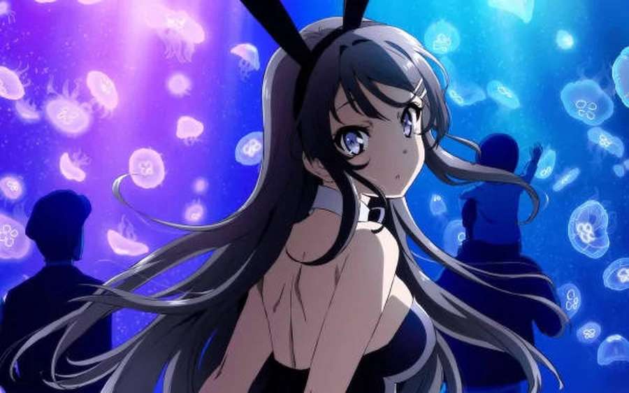 Anime girl with bunny ears surrounded by glowing jellyfish in underwater scene — Mai Background