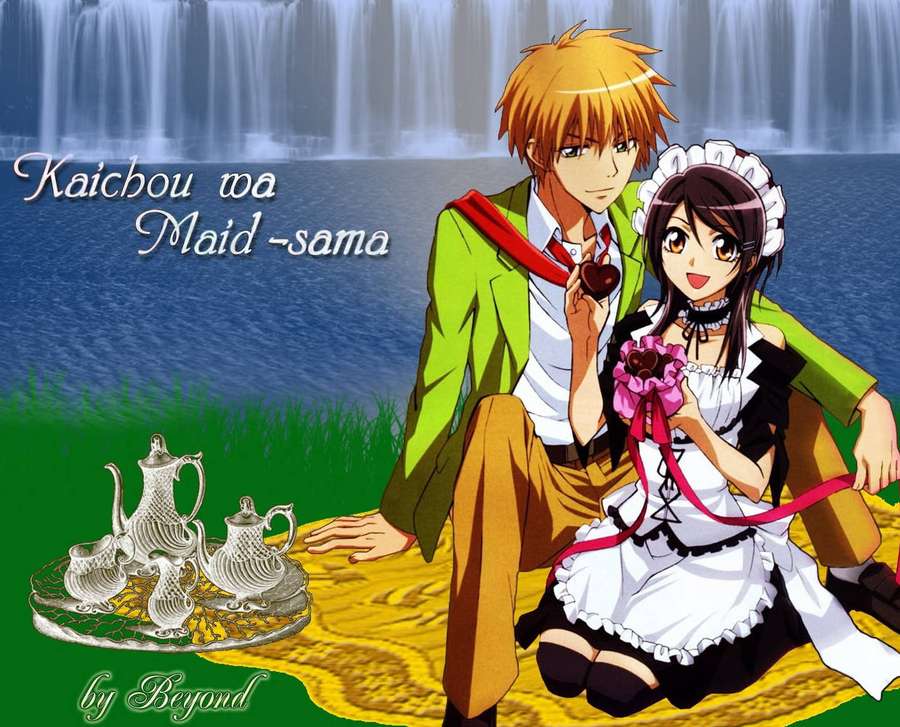Anime characters in maid and suit pose by waterfall with tea set. — Maid Sama Wallpaper