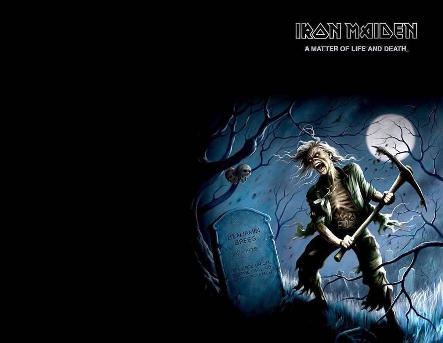 Zombie warrior with pickaxe in moonlit graveyard with tombstone and skeletal trees. — Maiden Picture