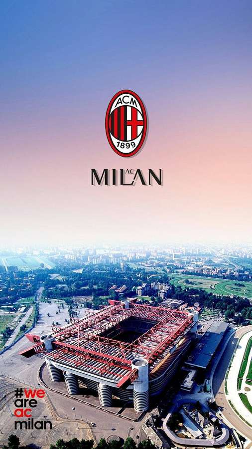 San Siro Stadion in Mailand bei Sonnenaufgang mit AC Milan Logo und Text. — Mailand Wallpaper