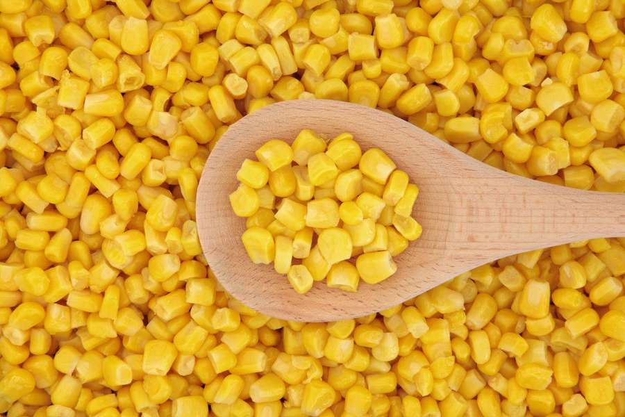 Cuchara de madera con granos de maíz amarillo sobre un montón de maíz. — Maíz Fondos de pantalla
