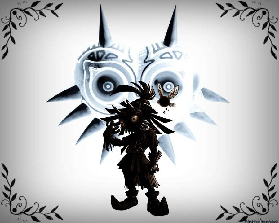 A dark anime character stands before two glowing blue spiked masks with decorative vines framing the scene. — Majora's Mask Wallpaper