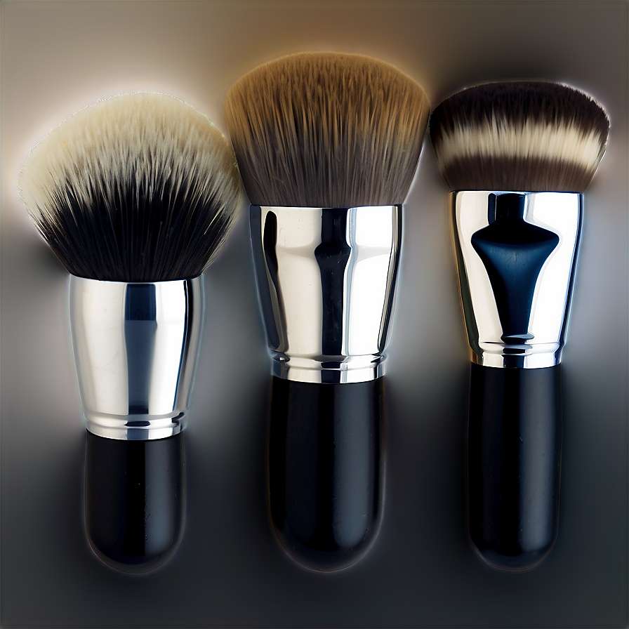 Three makeup brushes with black handles and silver ferrules on a gradient background. — Makeup Brushes PNG